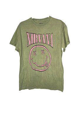 Nirvana Smiley Face Graphic T-Shirt Green Sz LG Cotton